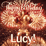 Metallic gold and burgundy balloons tied to a red gift box with a gold ribbon, custom-designed for Lucy.