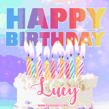 A vibrant animated name GIF with the words 'Happy Birthday Lucy' with colorful candles on a creamy cake. The background sparkles with pastel shades, adding a festive touch.