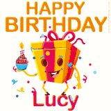A vibrant and funny gift box character with a happy face dancing with a cupcake and the text 'Happy Birthday Lucy,' surrounded by animated confetti and party vibes.