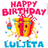 A vibrant and funny gift box character with a happy face dancing with a cupcake and the text 'Happy Birthday Luljeta,' surrounded by animated confetti and party vibes.