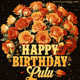 Animated bouquet of orange roses with moving butterfles and golden 'Happy Birthday Lulu' text, surrounded by sparkling accents and a dark backdrop for a luxurious feel.
