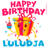 A vibrant and funny gift box character with a happy face dancing with a cupcake and the text 'Happy Birthday Luludja,' surrounded by animated confetti and party vibes.