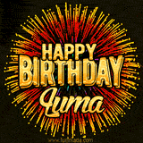 Golden 'Happy Birthday Luma' text accompanied by animated rainbow fireworks for a festive animated greeting.