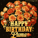 Animated bouquet of orange roses with moving butterfles and golden 'Happy Birthday Luma' text, surrounded by sparkling accents and a dark backdrop for a luxurious feel.