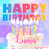 A vibrant animated name GIF with the words 'Happy Birthday Luma' with colorful candles on a creamy cake. The background sparkles with pastel shades, adding a festive touch.