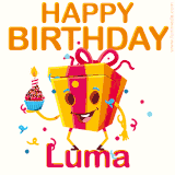 A vibrant and funny gift box character with a happy face dancing with a cupcake and the text 'Happy Birthday Luma,' surrounded by animated confetti and party vibes.