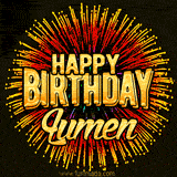 Golden 'Happy Birthday Lumen' text accompanied by animated rainbow fireworks for a festive animated greeting.