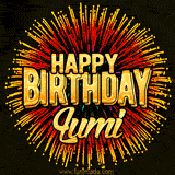 Golden 'Happy Birthday Lumi' text accompanied by animated rainbow fireworks for a festive animated greeting.