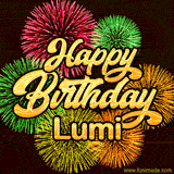 Golden text reading 'Happy Birthday Lumi' surrounded by vibrant fireworks in red, green, and yellow, set against a dark background in this celebratory birthday GIF.