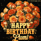 Animated bouquet of orange roses with moving butterfles and golden 'Happy Birthday Lumi' text, surrounded by sparkling accents and a dark backdrop for a luxurious feel.