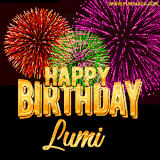 A golden 'Happy Birthday Lumi' message with vibrant fireworks in the background, creating a festive and celebratory vibe in this animated name GIF.