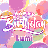 A vibrant name GIF featuring colorful balloons in shades of pink, orange, and yellow with the bold text 'Happy Birthday Lumi' in festive fonts, creating a lively birthday vibe.