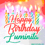Bright birthday candles with rainbow flames on a cake, alongside the text 'Happy Birthday Luminita' in vibrant script in this celebratory animated GIF.