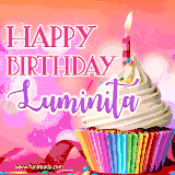 A vibrant birthday GIF featuring a rainbow-colored cupcake topped with white frosting, sprinkles, and a lit candle. The text reads 'Happy Birthday Luminita' in bold pink and violet letters with white outline.