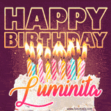 A colorful birthday cake topped with lit candles, with the words 'Happy Birthday Luminita' in bold glowing letters on a burgundy background. Animated flames add a festive touch.