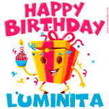 A vibrant and funny gift box character with a happy face dancing with a cupcake and the text 'Happy Birthday Luminita,' surrounded by animated confetti and party vibes.