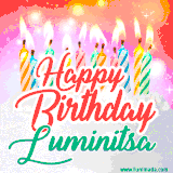Bright birthday candles with rainbow flames on a cake, alongside the text 'Happy Birthday Luminitsa' in vibrant script in this celebratory animated GIF.