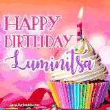 A vibrant birthday GIF featuring a rainbow-colored cupcake topped with white frosting, sprinkles, and a lit candle. The text reads 'Happy Birthday Luminitsa' in bold pink and violet letters with white outline.