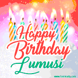 Bright birthday candles with rainbow flames on a cake, alongside the text 'Happy Birthday Lumusi' in vibrant script in this celebratory animated GIF.