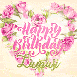 A stunning heart made of pink roses surrounds the elegant script text 'Happy Birthday Lumusi' on a soft beige background. Animated sparkles add a magical and festive feel.
