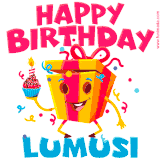 A vibrant and funny gift box character with a happy face dancing with a cupcake and the text 'Happy Birthday Lumusi,' surrounded by animated confetti and party vibes.
