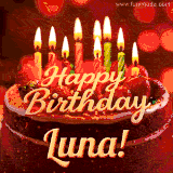 Beautifully decorated red velvet berry birthday cake with vibrant fruits and a glowing 'Luna' name, adding a touch of sweetness and sparkle.