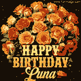 Beautiful bouquet of orange and red roses for Luna, golden inscription and twinkling stars
