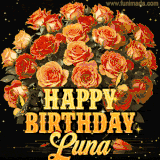 Animated bouquet of orange roses with moving butterfles and golden 'Happy Birthday Luna' text, surrounded by sparkling accents and a dark backdrop for a luxurious feel.