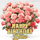 Golden 'Happy Birthday Luna' text beneath a vibrant bouquet of orange roses, complete with glittering butterflies and sparkling details.
