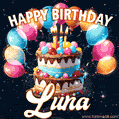Hand-drawn happy birthday cake adorned with an arch of colorful balloons - name GIF for Luna