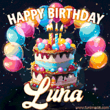 Bright birthday animation for Luna with a chocolate cake, candles, balloons, and glowing celebratory lights.