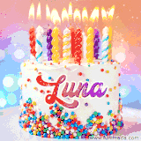 A cheerful white birthday cake with multicolor sprinkles, lit candles, and 'Luna' written in vibrant letters, in an animated GIF.