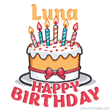 Cartoon birthday cake with a red bow, glowing candles, and 'Luna Happy Birthday' text in bold animated style.
