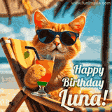 An animated orange cat wearing sunglasses, sitting on a beach chair with a tropical drink, with a festive 'Happy Birthday Luna!' message.