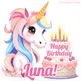 An adorable animated unicorn with soft pastel colors sits beside a birthday cake with glowing candles, and a pink 'Happy Birthday Luna!' words.