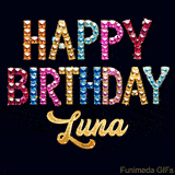 Vibrant luxury birthday greeting card for Luna, showing glittering gemstone letters and golden calligraphy on a dark background with twinkling shine effects.