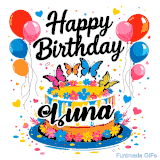 An animated birthday card for Luna. It features a festive cake with her name, 'Luna', and colorful butterflies. Floating balloons and hearts complete the joyful scene.