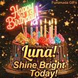 A rich chocolate frosted cake on a gold stand with glowing yellow candles, personalized with the name Luna!