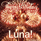 A crimson gift box decorated with a golden ribbon bow and a bundle of shiny red and gold balloons for Lunas birthday.