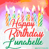 Bright birthday candles with rainbow flames on a cake, alongside the text 'Happy Birthday Lunabelle' in vibrant script in this celebratory animated GIF.