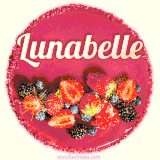 Beautifully decorated red velvet berry birthday cake with vibrant fruits and a glowing 'Lunabelle' name, adding a touch of sweetness and sparkle.