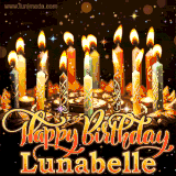 A glowing personalized birthday GIF with name Lunabelle featuring lit candles with intricate designs, warm lighting, and the text 'Happy Birthday' in an elegant font.