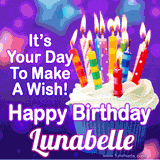 A colorful birthday GIF for Lunabelle featuring a cupcake with vibrant lit candles and the text 'It's Your Day to Make a Wish! Happy Birthday Lunabelle' in bold letters on a festive purple background.