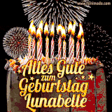 A chocolate birthday cake with glowing candles, the German text 'Alles Gute zum Geburtstag Lunabelle,' and vibrant fireworks lighting up the background in an animated GIF.
