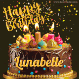 A delightful chocolate birthday cake with bright candles and 'Happy Birthday Lunabelle' written in gold amidst a shower of animated stars.