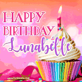 A vibrant birthday GIF featuring a rainbow-colored cupcake topped with white frosting, sprinkles, and a lit candle. The text reads 'Happy Birthday Lunabelle' in bold pink and violet letters with white outline.