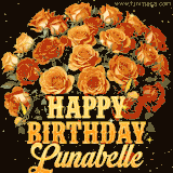 Animated bouquet of orange roses with moving butterfles and golden 'Happy Birthday Lunabelle' text, surrounded by sparkling accents and a dark backdrop for a luxurious feel.