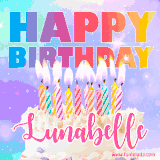 A vibrant animated name GIF with the words 'Happy Birthday Lunabelle' with colorful candles on a creamy cake. The background sparkles with pastel shades, adding a festive touch.