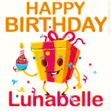 A vibrant and funny gift box character with a happy face dancing with a cupcake and the text 'Happy Birthday Lunabelle,' surrounded by animated confetti and party vibes.