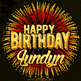 Golden 'Happy Birthday Lundyn' text accompanied by animated rainbow fireworks for a festive animated greeting.